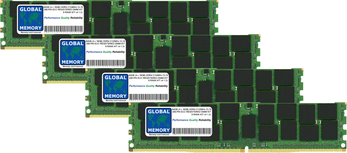 64GB (4 x 16GB) DDR4 2133MHz PC4-17000 288-PIN ECC REGISTERED DIMM (RDIMM) MEMORY RAM KIT FOR DELL SERVERS/WORKSTATIONS (8 RANK KIT CHIPKILL)